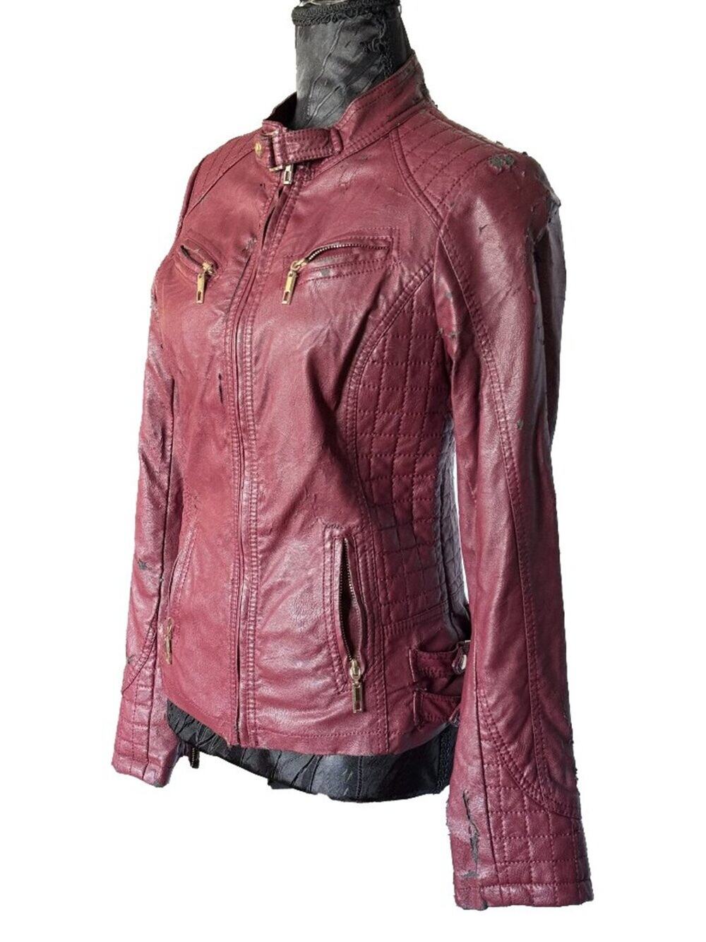 Distressed Burgundy Faux Leather Quilted Moto Jacket – Perfect for Costumes / Up